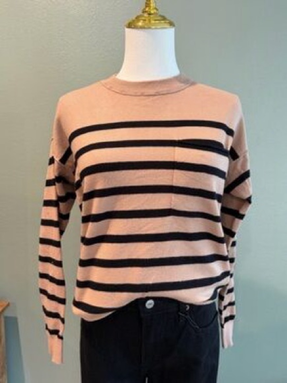 Women's Blush and Black Striped Crewneck Sweater